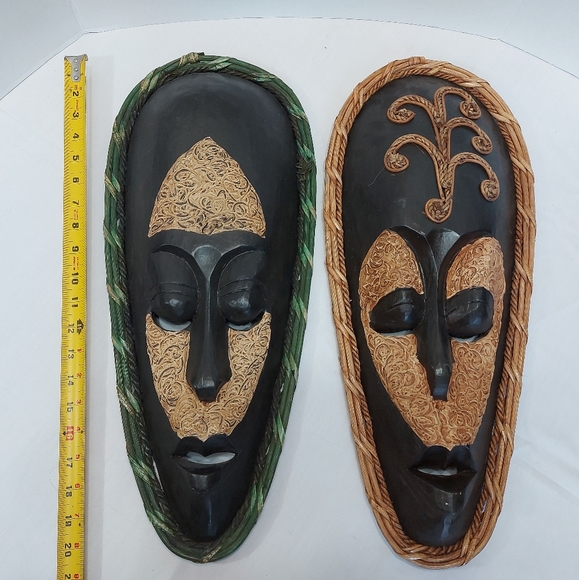 2 Large Hand Carved Wood, Rope Indonesian Wall Decor Masks, black